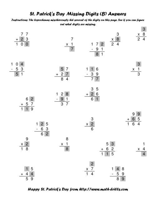 The St. Patrick's Day Mixed Operations with Missing Digits (B) Math Worksheet Page 2