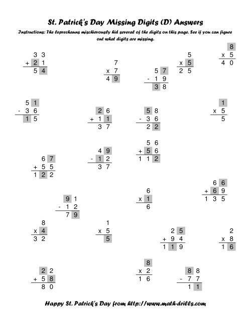 The St. Patrick's Day Mixed Operations with Missing Digits (D) Math Worksheet Page 2