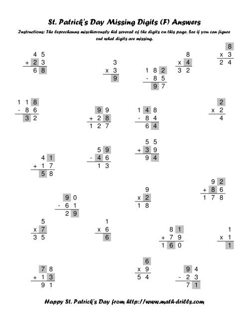 The St. Patrick's Day Mixed Operations with Missing Digits (F) Math Worksheet Page 2