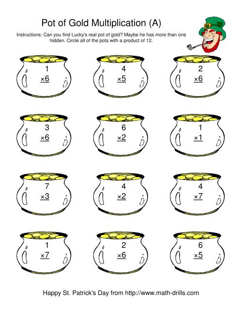 The St. Patrick's Day Multiplication Facts to 49 -- Lucky's Pot of Gold (A) Math Worksheet