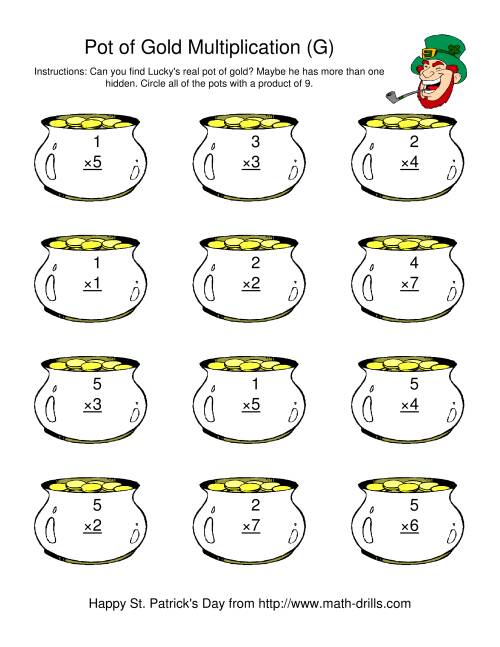 The St. Patrick's Day Multiplication Facts to 49 -- Lucky's Pot of Gold (G) Math Worksheet