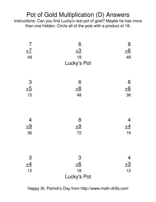 The St. Patrick's Day Multiplication Facts to 81 -- Lucky's Pot of Gold (D) Math Worksheet Page 2