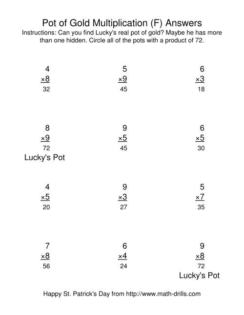 The St. Patrick's Day Multiplication Facts to 81 -- Lucky's Pot of Gold (F) Math Worksheet Page 2