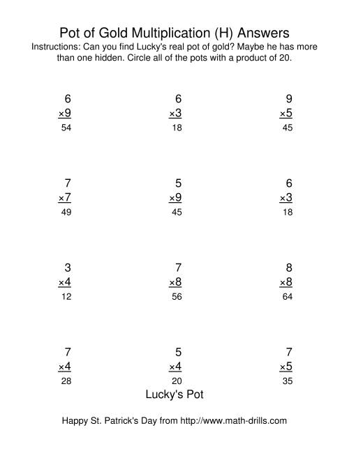 The St. Patrick's Day Multiplication Facts to 81 -- Lucky's Pot of Gold (H) Math Worksheet Page 2