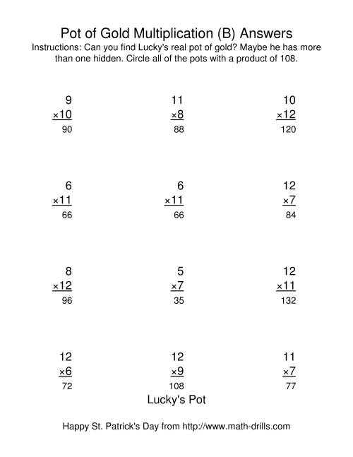 The St. Patrick's Day Multiplication Facts to 144 -- Lucky's Pot of Gold (B) Math Worksheet Page 2