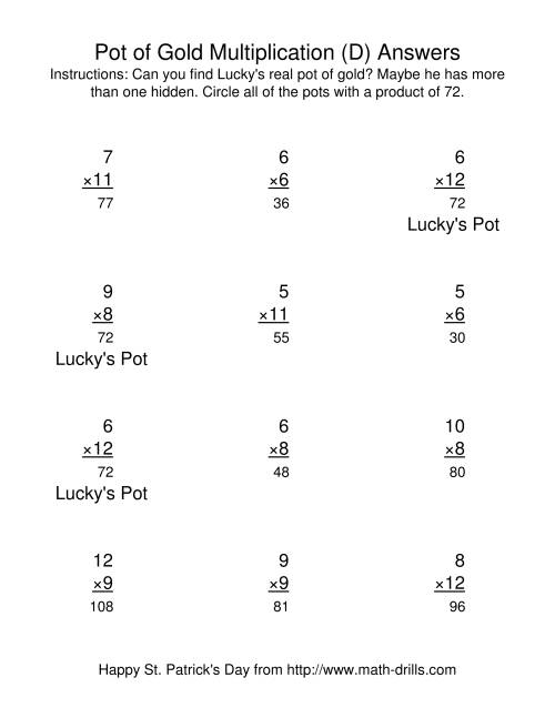 The St. Patrick's Day Multiplication Facts to 144 -- Lucky's Pot of Gold (D) Math Worksheet Page 2