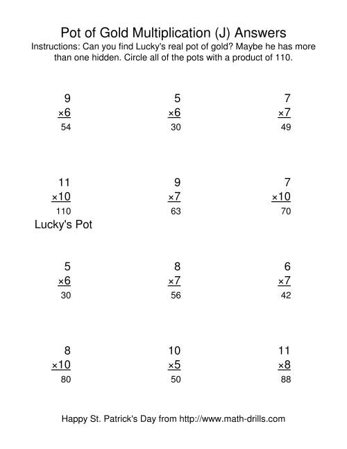 The St. Patrick's Day Multiplication Facts to 144 -- Lucky's Pot of Gold (J) Math Worksheet Page 2