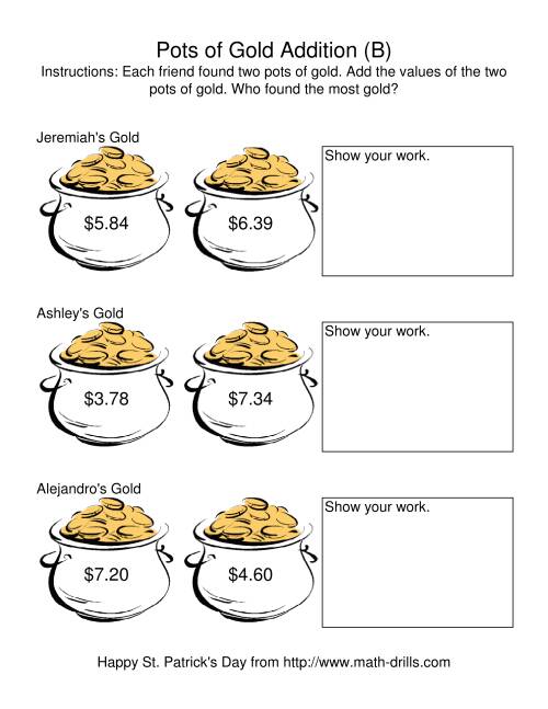 The St. Patrick's Day Adding Money to $20.00 -- Pots of Gold (B) Math Worksheet