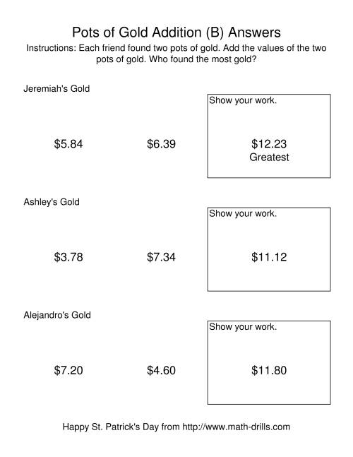 The St. Patrick's Day Adding Money to $20.00 -- Pots of Gold (B) Math Worksheet Page 2