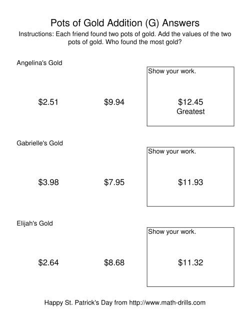 The St. Patrick's Day Adding Money to $20.00 -- Pots of Gold (G) Math Worksheet Page 2