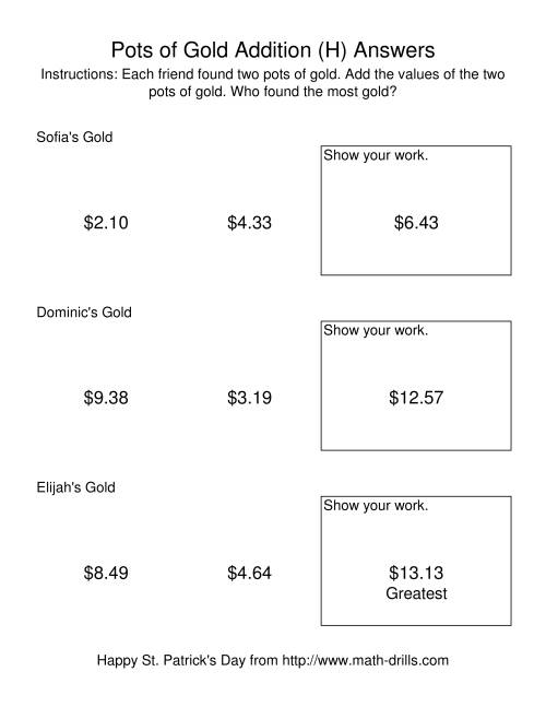 The St. Patrick's Day Adding Money to $20.00 -- Pots of Gold (H) Math Worksheet Page 2