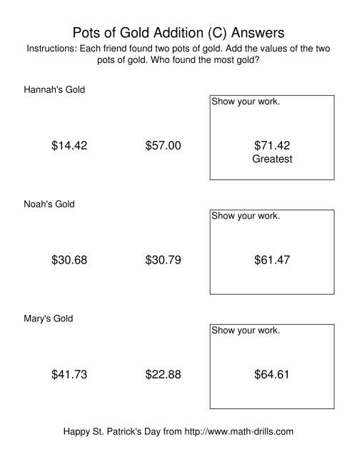 The St. Patrick's Day Adding Money to $200.00 -- Pots of Gold (C) Math Worksheet Page 2
