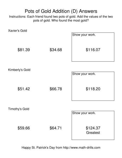 The St. Patrick's Day Adding Money to $200.00 -- Pots of Gold (D) Math Worksheet Page 2
