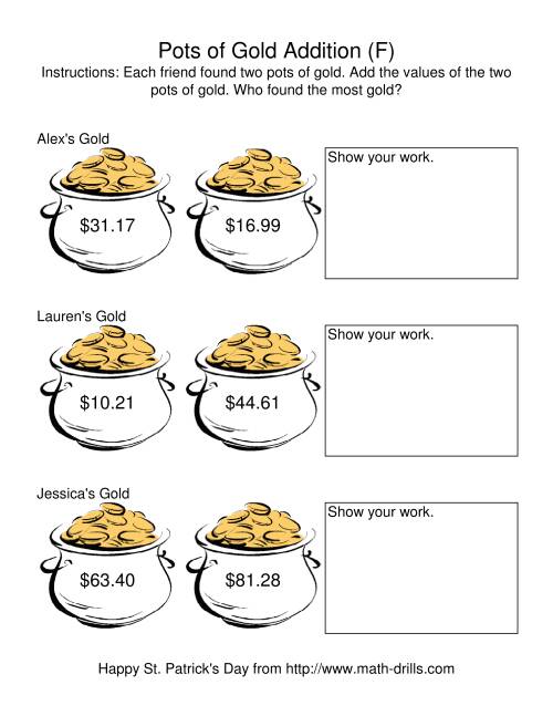 The St. Patrick's Day Adding Money to $200.00 -- Pots of Gold (F) Math Worksheet