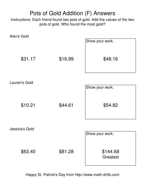 The St. Patrick's Day Adding Money to $200.00 -- Pots of Gold (F) Math Worksheet Page 2