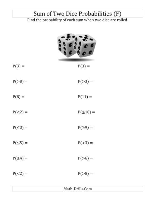 The Sum of Two Dice Probabilities (F) Math Worksheet