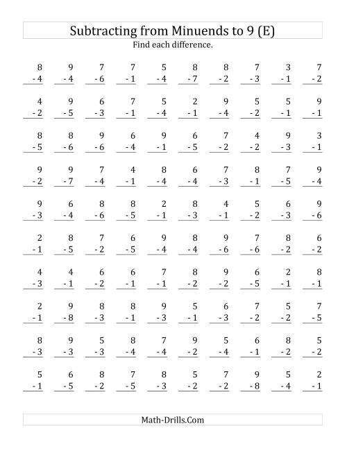 The 100 Subtraction Questions with Minuends up to 9 (E) Math Worksheet