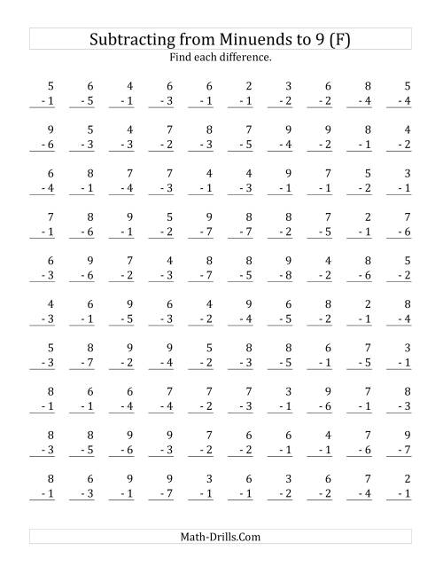 The 100 Subtraction Questions with Minuends up to 9 (F) Math Worksheet