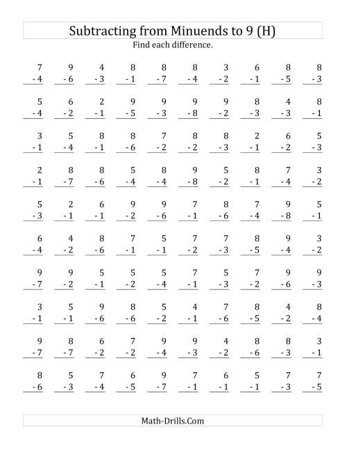 The 100 Subtraction Questions with Minuends up to 9 (H) Math Worksheet