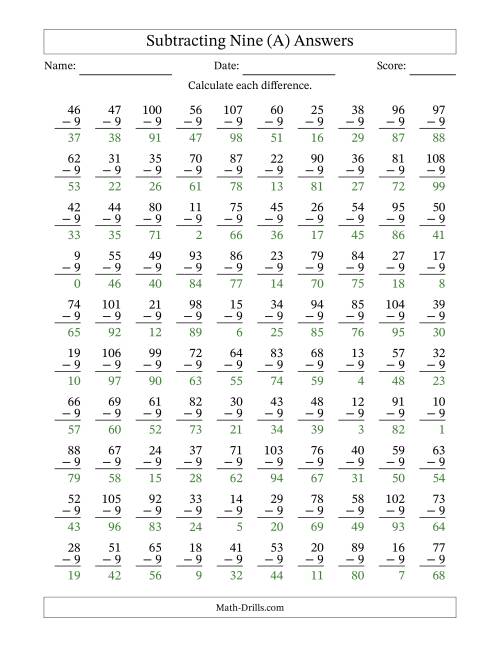 The Subtracting Nine With Differences from 0 to 99 – 100 Questions (A) Math Worksheet Page 2