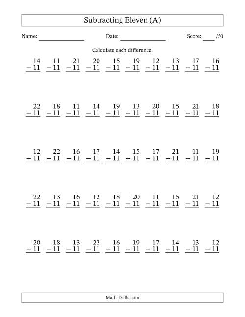 The Subtracting Eleven With Differences from 0 to 11 – 50 Questions (A) Math Worksheet