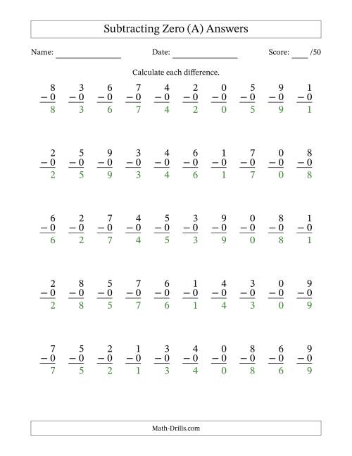 The Subtracting Zero With Differences from 0 to 9 – 50 Questions (A) Math Worksheet Page 2