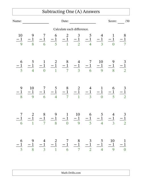 The Subtracting One With Differences from 0 to 9 – 50 Questions (A) Math Worksheet Page 2