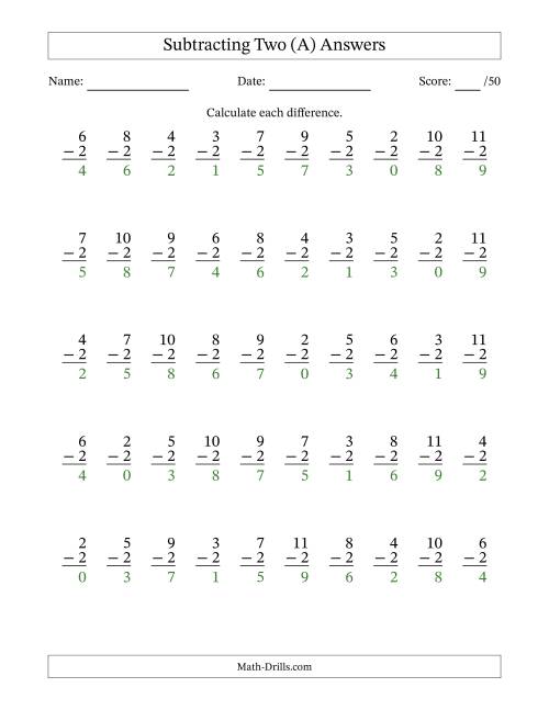 The Subtracting Two With Differences from 0 to 9 – 50 Questions (A) Math Worksheet Page 2