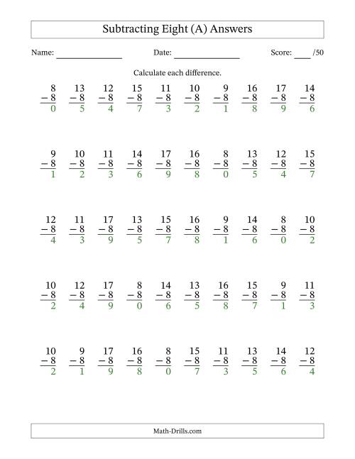 The Subtracting Eight With Differences from 0 to 9 – 50 Questions (A) Math Worksheet Page 2
