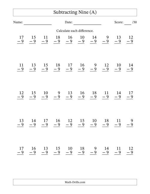 The Subtracting Nine With Differences from 0 to 9 – 50 Questions (A) Math Worksheet