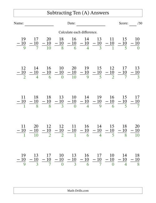 The Subtracting Ten With Differences from 0 to 10 – 50 Questions (A) Math Worksheet Page 2