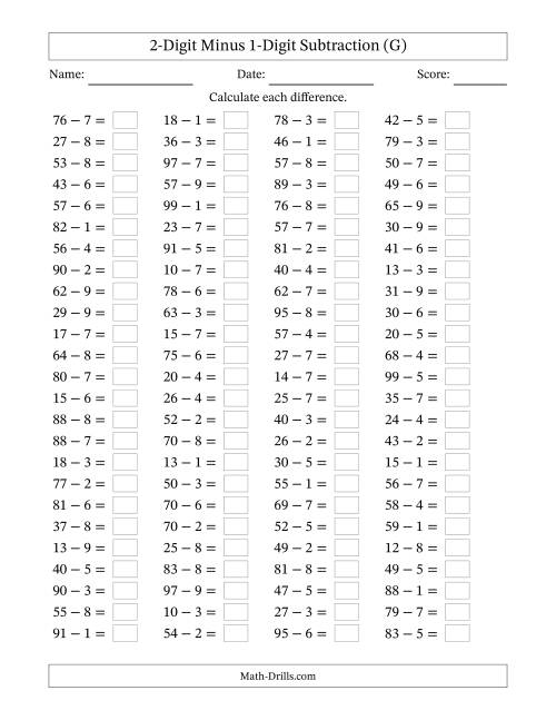 The Horizontally Arranged Two-Digit Minus One-Digit Subtraction(100 Questions) (G) Math Worksheet