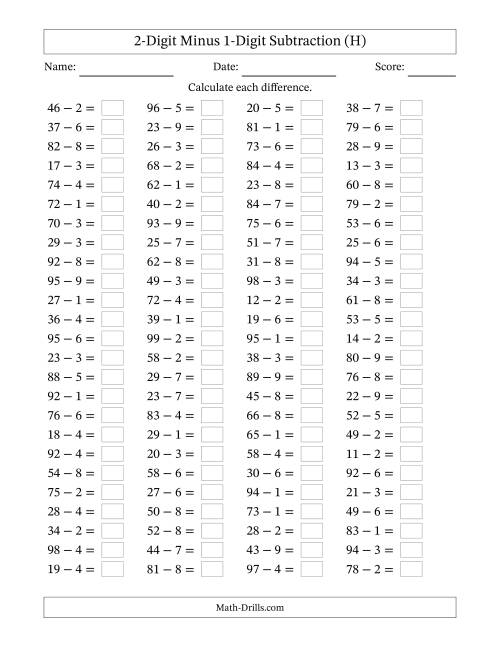 The Horizontally Arranged Two-Digit Minus One-Digit Subtraction(100 Questions) (H) Math Worksheet
