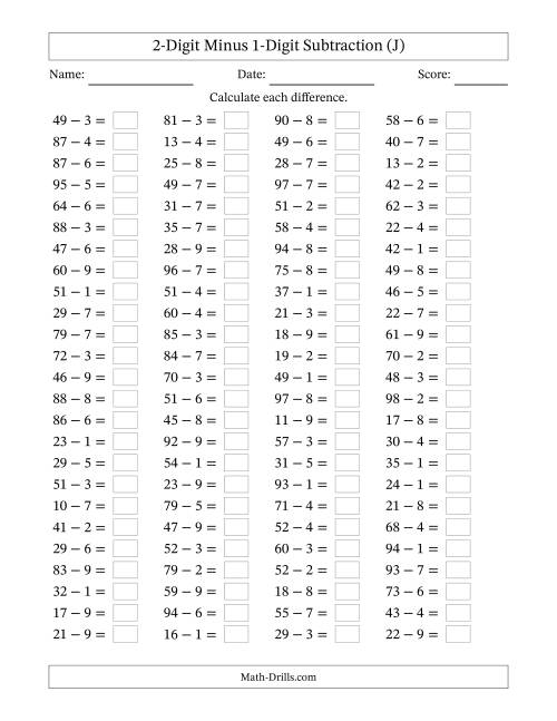 The Horizontally Arranged Two-Digit Minus One-Digit Subtraction(100 Questions) (J) Math Worksheet