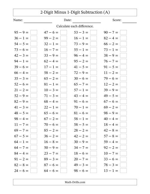 The Horizontally Arranged Two-Digit Minus One-Digit Subtraction(100 Questions) (All) Math Worksheet