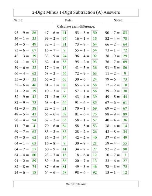 The Horizontally Arranged Two-Digit Minus One-Digit Subtraction(100 Questions) (All) Math Worksheet Page 2