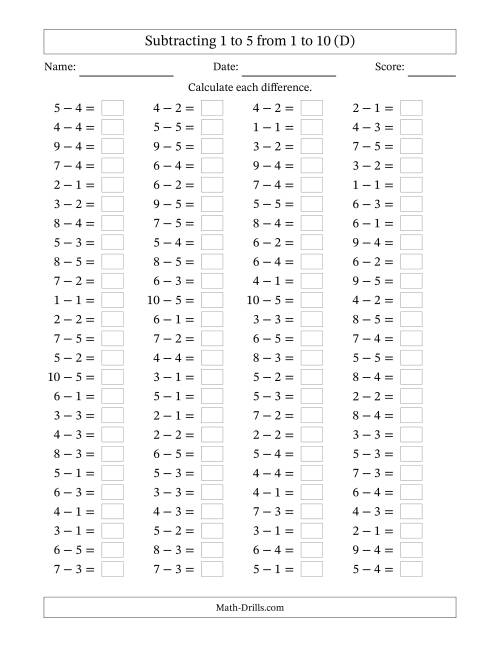 The Horizontally Arranged Subtracting 1 to 5 from 1 to 10 (100 Questions) (D) Math Worksheet