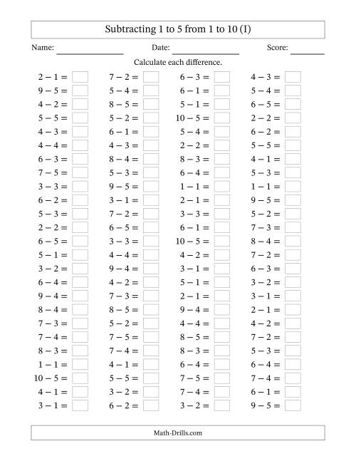 The Horizontally Arranged Subtracting 1 to 5 from 1 to 10 (100 Questions) (I) Math Worksheet