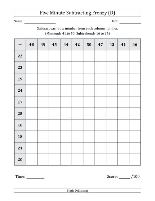 The Five Minute Subtracting Frenzy (Minuends 41 to 50 and Subtrahends 16 to 25) (D) Math Worksheet
