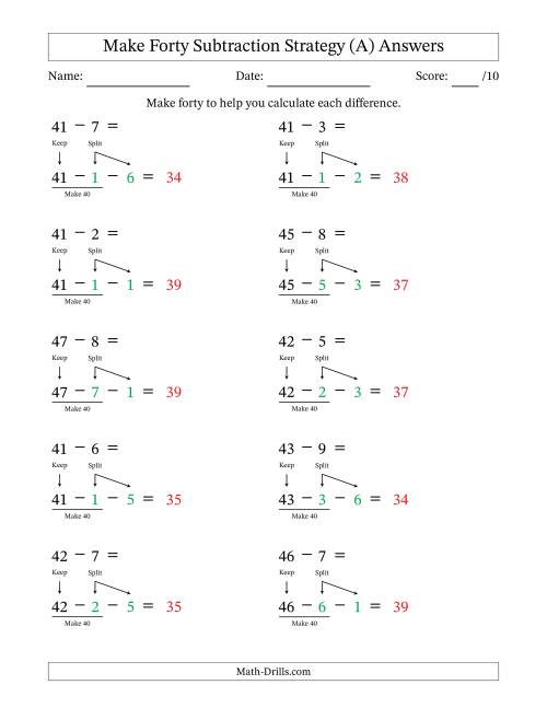 The Make Forty Subtraction Strategy (A) Math Worksheet Page 2