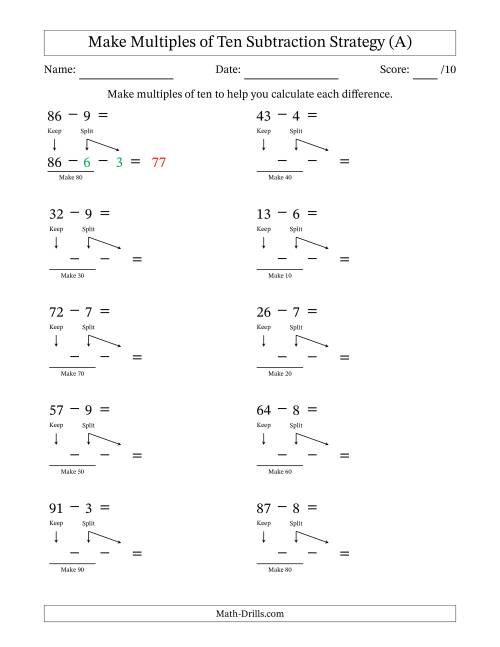The Make Multiples of Ten Subtraction Strategy (A) Math Worksheet