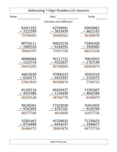 The Subtracting 7-Digit Numbers With All Regrouping (21 Questions) (A) Math Worksheet Page 2