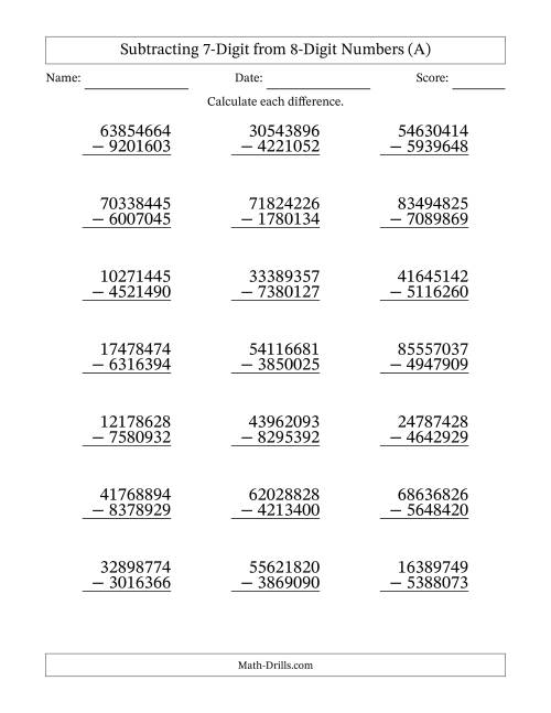 The Subtracting 7-Digit from 8-Digit Numbers With Some Regrouping (21 Questions) (A) Math Worksheet