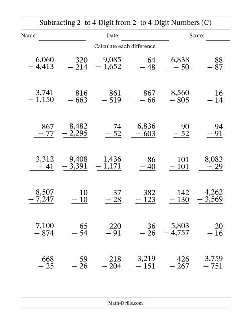 The Subtracting 2- to 4-Digit from 2- to 4-Digit Numbers With Some Regrouping (42 Questions) (Comma Separated Thousands) (C) Math Worksheet