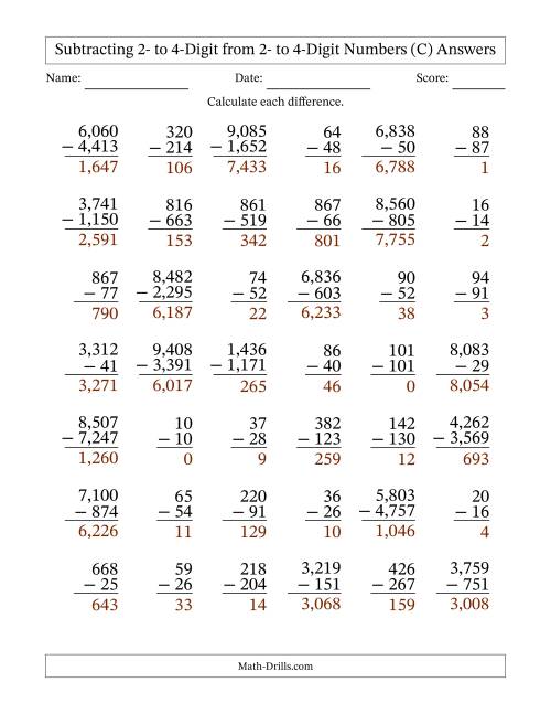 The Subtracting 2- to 4-Digit from 2- to 4-Digit Numbers With Some Regrouping (42 Questions) (Comma Separated Thousands) (C) Math Worksheet Page 2