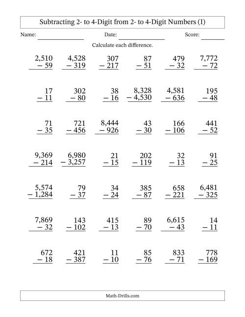 The Subtracting 2- to 4-Digit from 2- to 4-Digit Numbers With Some Regrouping (42 Questions) (Comma Separated Thousands) (I) Math Worksheet