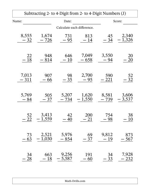 The Subtracting 2- to 4-Digit from 2- to 4-Digit Numbers With Some Regrouping (42 Questions) (Comma Separated Thousands) (J) Math Worksheet