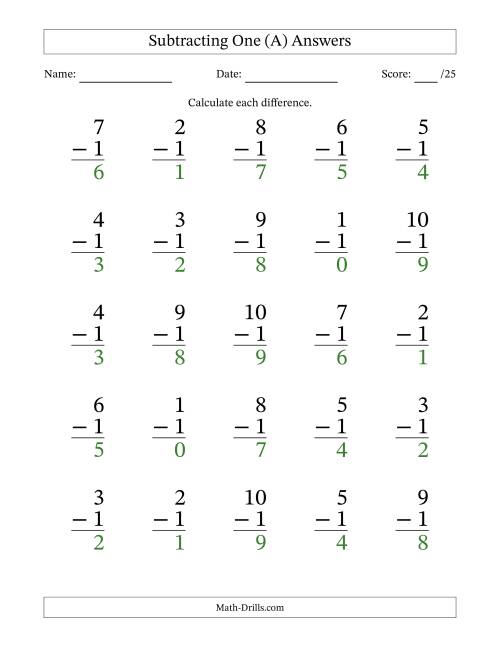 The Subtracting One With Differences from 0 to 9 – 25 Large Print Questions (A) Math Worksheet Page 2