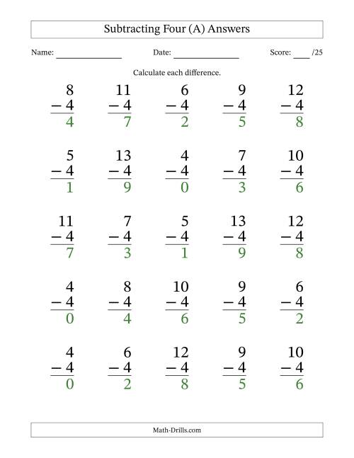 The Subtracting Four With Differences from 0 to 9 – 25 Large Print Questions (A) Math Worksheet Page 2