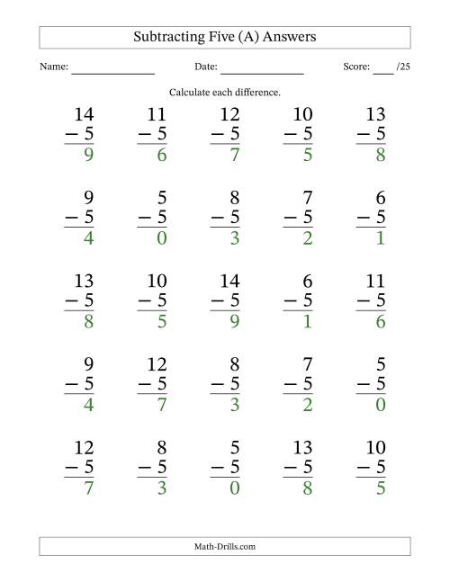 The Subtracting Five With Differences from 0 to 9 – 25 Large Print Questions (A) Math Worksheet Page 2